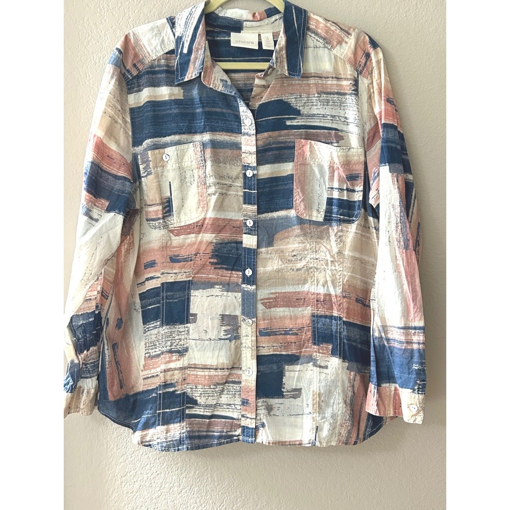 Chicos Abstract Brushstroke Cotton Button Down Shirt Blue Coral Womens Size 3 XL